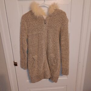 Cozy Beige Long Cardigan with Faux Fur Collar